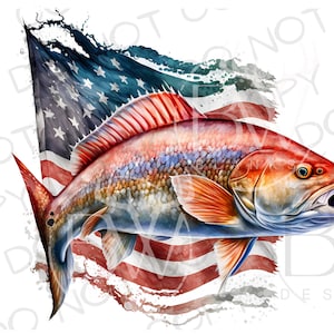 May include: A red fish with a white and blue American flag in the background. The fish is swimming towards the right side of the image. The flag is tattered and faded, giving it a vintage look.