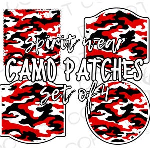 May include: Set of four red, white, and black camouflage iron-on patches. The patches are rectangular and oval shaped. The text "Spirit wear Camo Patches Set of 4" is printed on the patches.