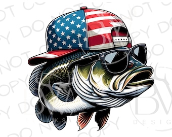 American Hat Bass PNG / Download digitale / Large Mouth Bass Sublimation PNG / 4 luglio Fishing Sublimation PNG / Bass Fishing png