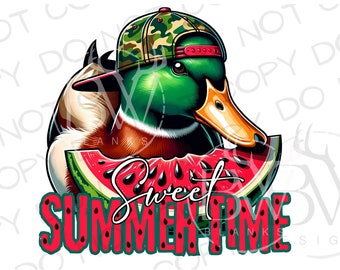 May include: A cartoon duck wearing a camouflage baseball cap is biting into a slice of watermelon. The text "Sweet Summertime" is written below the watermelon.