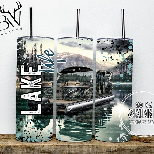 Lake Life Pontoon Boat 20 oz Skinny Tumbler Sublimation | Digital Download | Pontoon Tumbler PNG | Boating Sublimation | Pontoon Boat PNG