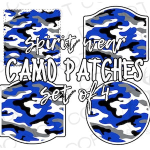 Könnte beinhalten: Ein Satz von vier Spirit Wear Camouflage-Patches in verschiedenen Formen. Die Patches weisen ein blaues, schwarzes und graues Tarnmuster auf. Der Text auf dem Bild lautet "Spirit wear CAMO PATCHES set of 4."