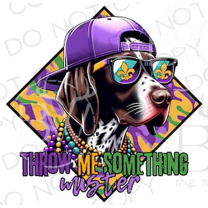 Può includere: Un cane marrone e bianco che indossa un berretto da baseball viola e bianco e occhiali da sole con disegni a giglio. Il cane indossa una collana di perline viola, verde e oro. Il testo "THROW ME SOMETHING mister" è scritto in lettere verdi e viola su uno sfondo a forma di diamante verde, viola e giallo.