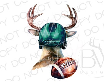 May include: Watercolor illustration of a deer wearing a teal football helmet and holding a football. The deer has large antlers and a spotted coat. The football is brown and white. The image has the text "BW DESIGNS" in the bottom right corner.