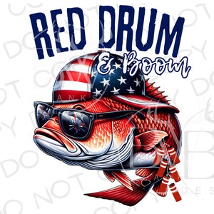 May include: A red drum fish wearing sunglasses and a red, white, and blue baseball cap with the text "Red Drum & Boom" above it.