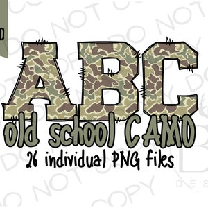 Old School Camo Doodle Alphabet Ensemble PNG | Téléchargement numérique | Alphabet camouflage PNG | Sublimation de chasse au canard | Alphabet de chasse au canard png