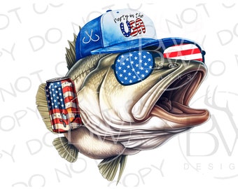 Funny Bass Fish PNG | Digital Download | Large Mouth Bass Sublimation PNG | Fishing Sublimation PNG | Fourth of July Bass Fish png