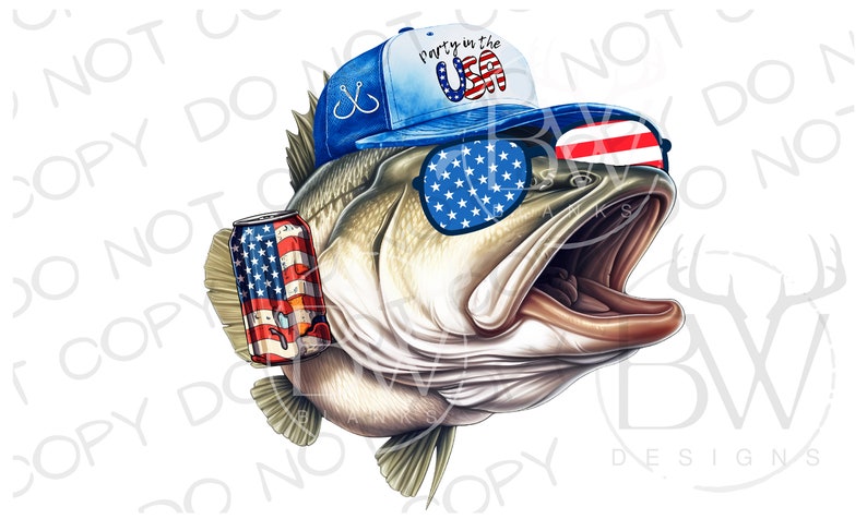 Op de afbeelding: Een cartoonbaars die een blauwe en witte baseballpet draagt met de tekst "Party in the USA" en een zonnebril met een sterren- en strepenpatroon. De vis houdt een blikje bier vast met een sterren- en strepenpatroon.
