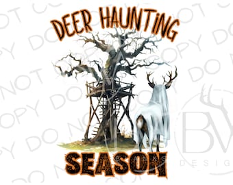Puede incluir: Ilustración digital con el texto "DEER HAUNTING SEASON". La imagen presenta un ciervo con una sábana de fantasma, un árbol con un puesto de caza y un fondo blanco. El texto es en naranja y negro.