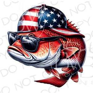 May include: A red fish wearing sunglasses and a red, white, and blue baseball cap with stars and stripes.
