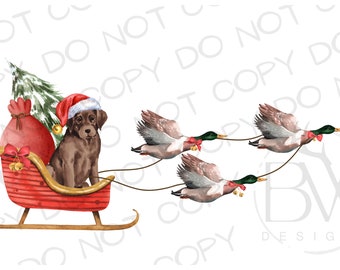 May include: A brown and white dog wearing a Santa hat sits in a red sleigh pulled by three ducks. The sleigh is filled with a red bag and a small Christmas tree.