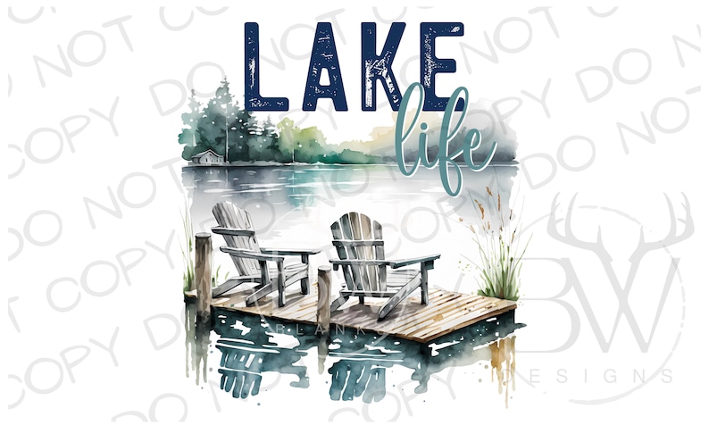 May include: Watercolour painting of a lake scene with two wooden chairs on a jetty. The text "LAKE life" is written in blue above the scene.
