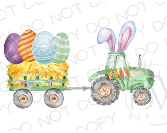 Puede incluir: Un tractor verde con orejas de conejo tira de un vagón lleno de heno y huevos de Pascua coloridos.