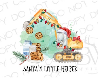 Op de afbeelding: Een geel bouwvoertuig versierd met kerstverlichting en een kerstmanmuts. Het voertuig houdt een bord met chocoladekoekjes en een glas melk vast. De tekst "SANTA'S LITTLE HELPER" staat onder de afbeelding.