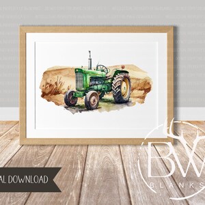 Puede incluir: Una pintura de acuarela de un tractor verde en un campo. El tractor tiene un asiento marr&oacute;n y un volante marr&oacute;n. El campo es marr&oacute;n y verde.