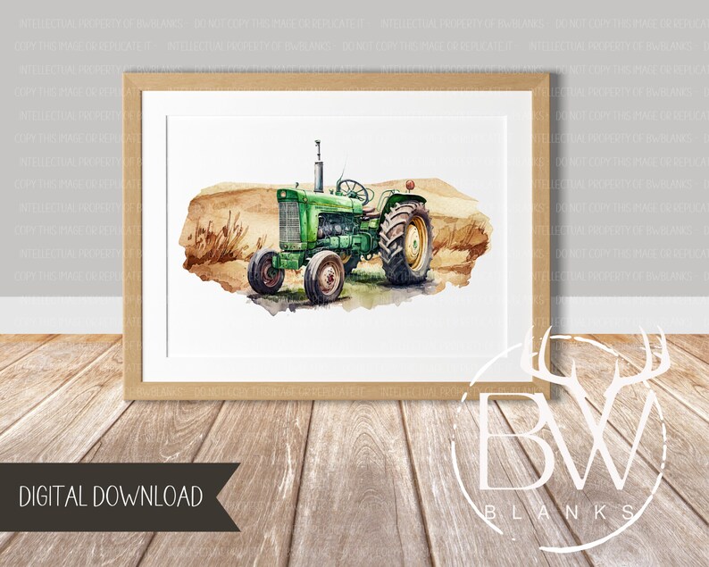 Puede incluir: Una pintura de acuarela de un tractor verde en un campo. El tractor tiene un asiento marr&oacute;n y un volante marr&oacute;n. El campo es marr&oacute;n y verde.