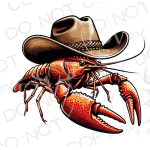 May include: A cartoon illustration of a red crayfish wearing a brown cowboy hat. The crayfish is facing the right side of the image and has its claws raised.