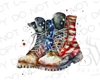 Puede incluir: Un par de botas de cuero marrón pintadas con la bandera estadounidense. Las botas están gastadas y tienen un aspecto desgastado. Las botas están atadas juntas con los cordones.