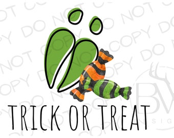 May include: Green deer tracks with two candy canes in orange and green stripes. The text "TRICK OR TREAT" is below the image.