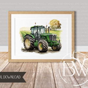 Puede incluir: Una pintura de acuarela de un tractor verde en un campo. El tractor tiene ruedas grandes y una cabina con un parabrisas. El campo es verde y hay &aacute;rboles en el fondo.