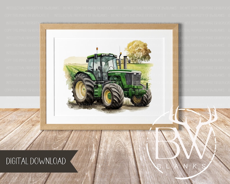 Puede incluir: Una pintura de acuarela de un tractor verde en un campo. El tractor tiene ruedas grandes y una cabina con un parabrisas. El campo es verde y hay &aacute;rboles en el fondo.