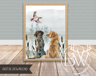May include: A watercolor painting of two dogs, one brown and white and one golden, sitting in a field with tall reeds. A duck flies overhead. The painting is framed in a brown frame.
