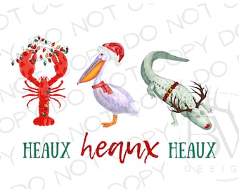 May include: A Christmas-themed illustration featuring a lobster wearing a string of lights, a pelican wearing a Santa hat and a scarf, and an alligator wearing a Santa hat and reindeer antlers. The text "HEAUX heaux HEAUX" is written below the illustration.