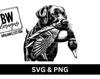 May include: Black and white illustration of a Labrador Retriever dog carrying a duck in its mouth. The dog is looking to the right and the duck is facing the left. The image is in a vintage style.