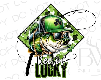 Reelin' Lucky PNG | St. Patrick's Day Sublimation PNG | Bass Fishing Sublimation png | Fishing Sublimation PNG | St. Patrick's Day Bass png