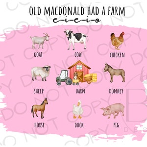 May include: A pink background with a watercolor illustration of farm animals, including a cow, goat, sheep, chicken, donkey, horse, duck, and pig. The text "Old MacDonald Had A Farm e-i-e-i-o" is at the top of the image.