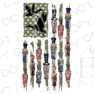 May include: A distressed American flag design with two flying geese silhouettes in the top section. The bottom section features a row of duck calls in various colors and patterns.