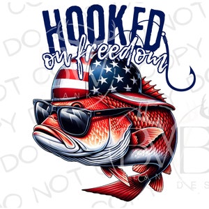 May include: A red fish wearing sunglasses and a red, white, and blue baseball cap with the text "HOOKED on freedom" above it.