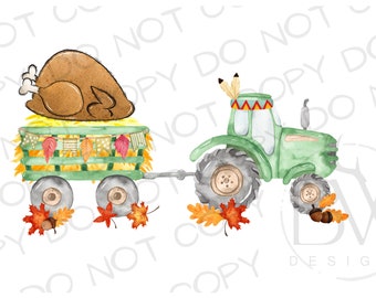 May include: Watercolor illustration of a green tractor pulling a wagon filled with hay and a roasted turkey. The wagon is decorated with fall leaves and a banner. The tractor has a Native American headdress. Autumn-themed design.