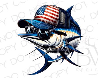 American Hat Blue Marlin PNG | Digital Download | Blue Marlin Sublimation PNG | 4th of July Fishing Sublimation PNG | Saltwater Fishing png