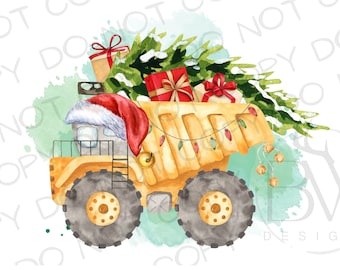 Op de afbeelding: Een gele speelgoed-kipper met een kerstboom, cadeaus en een kerstmanmuts in de laadbak. De vrachtwagen is versierd met lampjes en bellen. De achtergrond is een aquarel in groen en blauw.