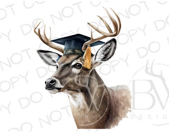 May include: A watercolor painting of a deer wearing a blue graduation cap with a gold tassel. The deer has brown fur and large antlers. The background is white.