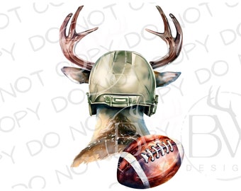 May include: Watercolor illustration of a deer wearing a football helmet, with a football in the foreground. The deer has large antlers. The image has a white background and is labeled with the text "BW DESIGNS".