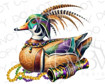 May include: A colorful wooden duck decoy with a feathered headdress, wearing a beaded necklace and holding a purple and green trumpet. The duck is sitting on a bed of purple and gold beads.