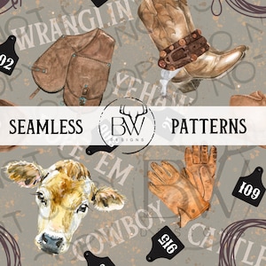 Wranglin&#39; Seamless Pattern | Digital Download | Seamless Cattle Rancher PNG | Seamless Cowboy PNG| Seamless Western Pattern | Cow png
