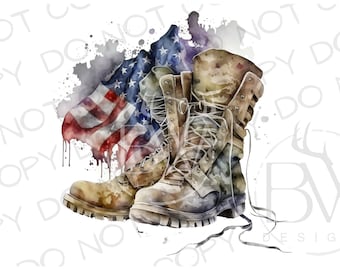 Puede incluir: Una pintura de acuarela de un par de botas de cuero marrón con cordones, parcialmente cubiertas por una bandera estadounidense. La bandera está pintada en rojo, blanco y azul con un efecto de acuarela.