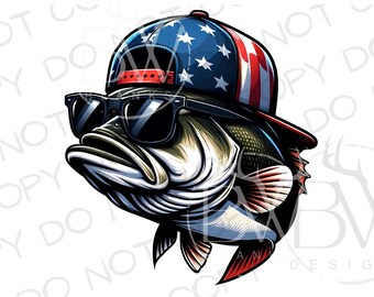 American Hat Bass PNG / Download digitale / Large Mouth Bass Sublimation PNG / 4 luglio Fishing Sublimation PNG / Bass Fishing png