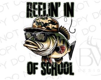 May include: A cartoon bass fish wearing a camouflage hat and sunglasses with the text "100 Days" on the lenses. The fish is holding a fishing hook and the text "Reel'n in of School" is below the fish.