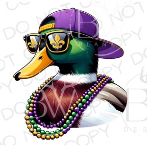 May include: A cartoon duck wearing a purple baseball cap with a fleur-de-lis design, sunglasses with fleur-de-lis accents, and a green and gold beaded necklace.
