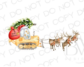 Op de afbeelding: Een gele speelgoedbulldozer trekt een slee met vier rendieren. De bulldozer vervoert een kerstboom en een rode tas met de tekst "Merry Christmas".