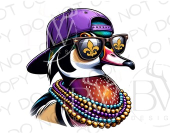 May include: A cartoon wood duck wearing a purple baseball cap, sunglasses with fleur-de-lis designs, and a multi-colored beaded necklace.