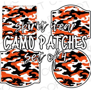 Puede incluir: Conjunto de cuatro parches de tela de camuflaje naranja, negro y blanco. Los parches son rectangulares y redondos. El texto "Spirit wear CAMO PATCHES set of 4" está impreso en los parches.