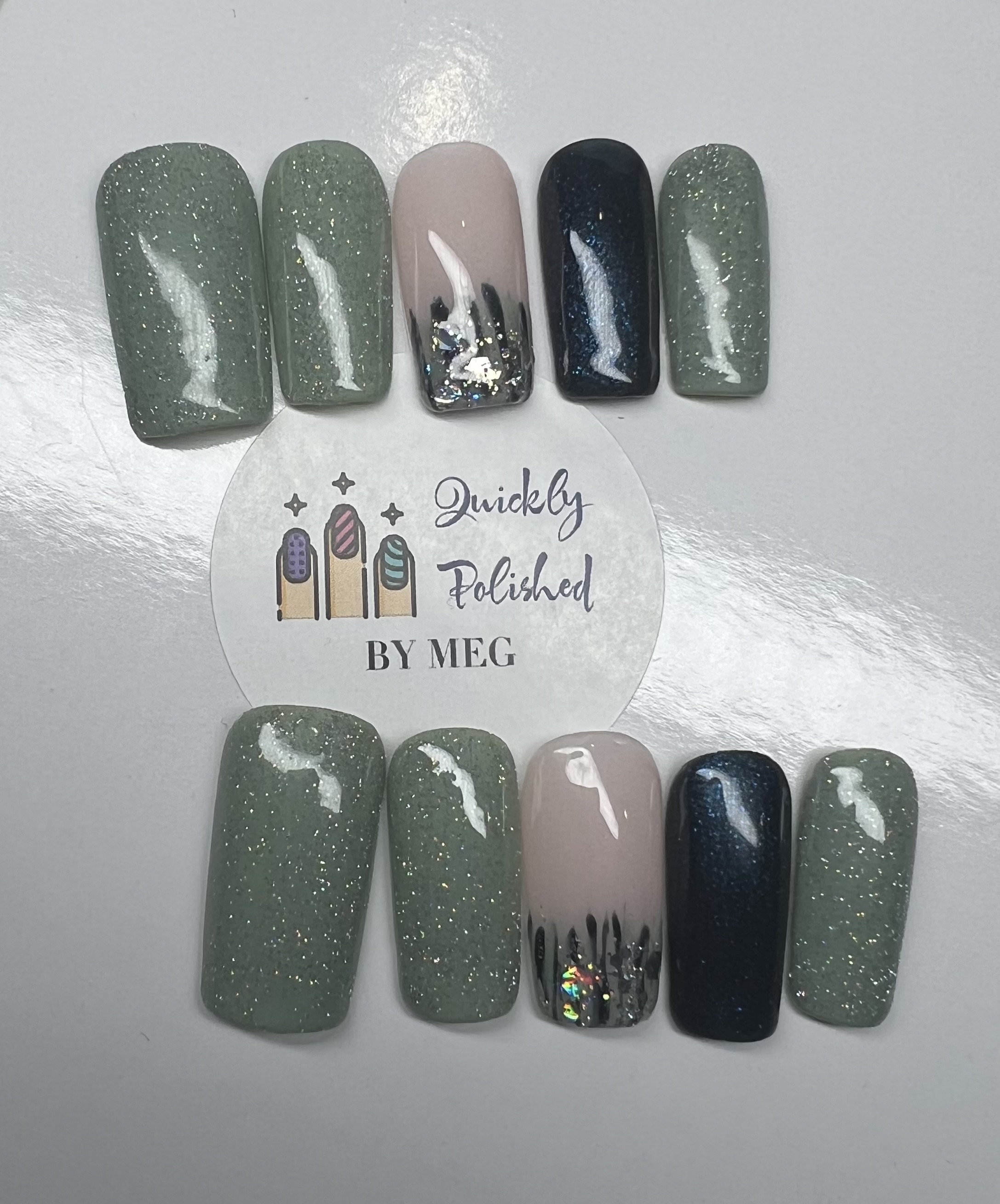 Fall Gradient Nails With Gold Flakes Dark Green to Blue Periwinkle Fake  Press on Nails Solid Color Nail Design Luxury Custom Glue On - Etsy