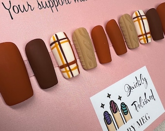 Copper Brown Fall Nails | sweater nails| Plaid Nails| Reusable press-on nails. | Fake Nails| Matte Nails