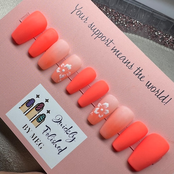 Orange ombré Reusable cute  press-on nails. | fake nails | Ombre Nails| hibiscus Nails| presson Nails