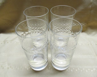 Vintage Heavy Glass Drinking Tumblers with Etched Laurel Wreath Design / Set of Four